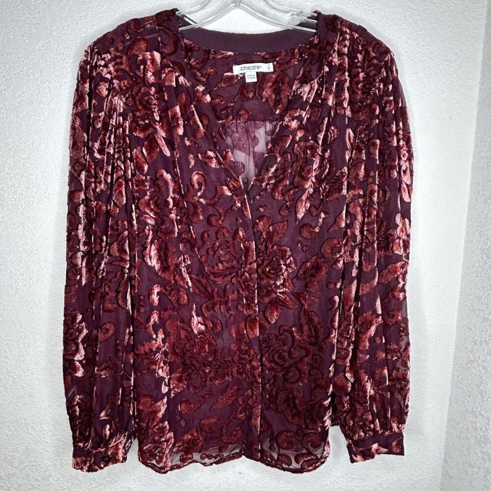 Chico's Shirt Womens 12 Velvet Burnout Floral Button Front Sheer Blouse Bohemian